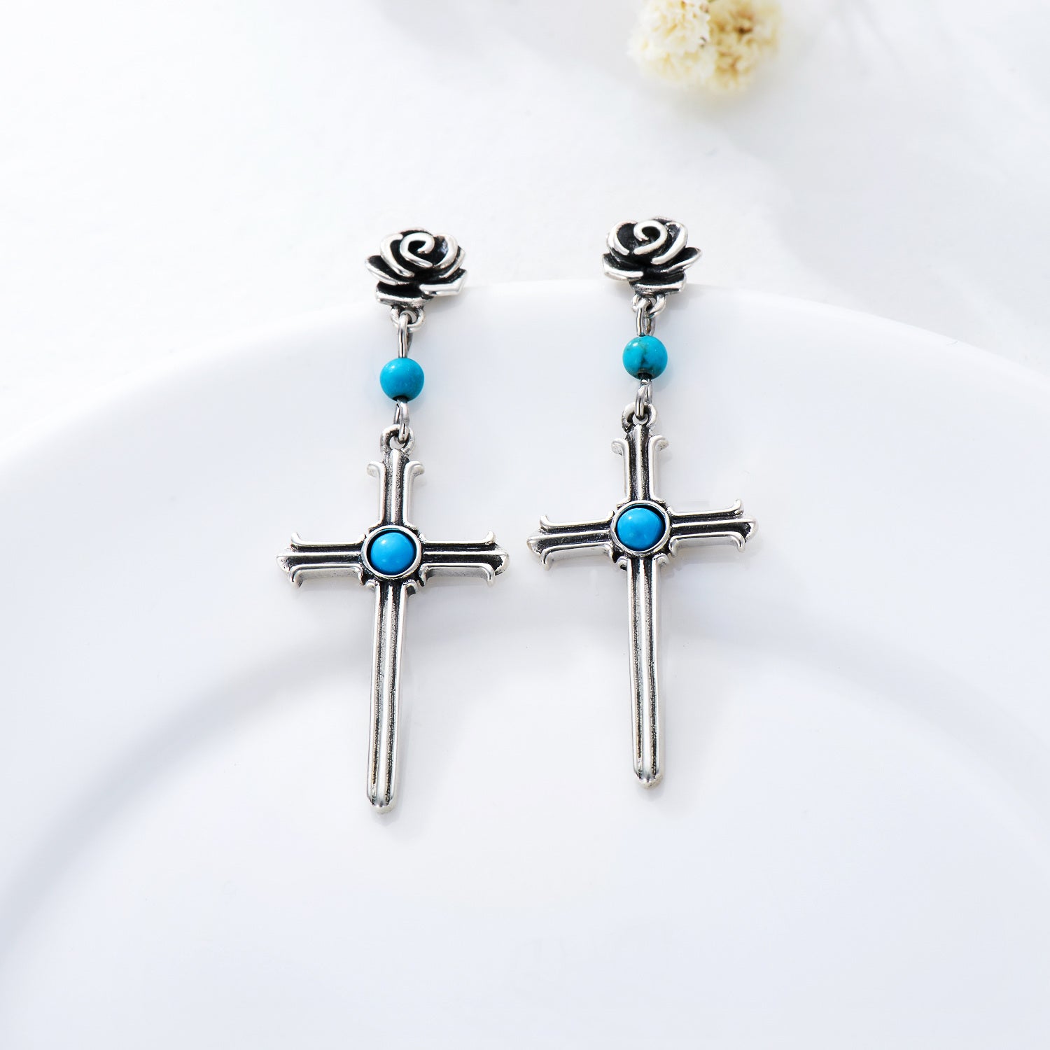 925 Sterling Silver Turquoise cross Dangle Earrings for Women - Málle