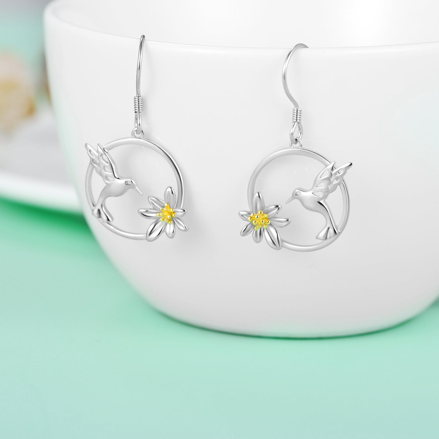 Hummingbird Earrings Sterling Silver Bird Flower Dangle Drop Hooks Earrings - Málle