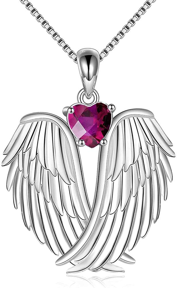 Sterling Silver Guardian Angel Birthstone Necklace Wings Pendant Jewelry - Málle