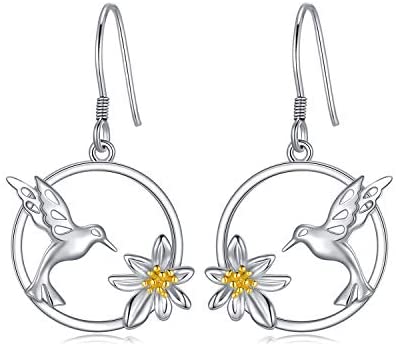 Hummingbird Earrings Sterling Silver Bird Flower Dangle Drop Hooks Earrings - Málle