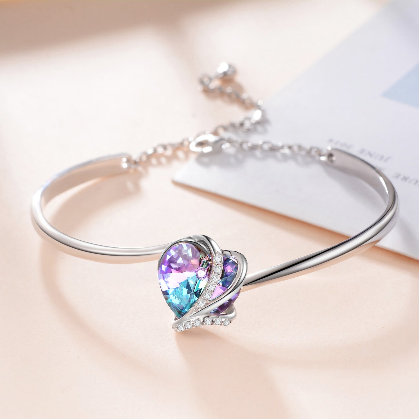 925 Sterling Silver Love Heart Adjustable Bangle Bracelet with Crystals-I Love You Hypoallergenic Fine Jewelry