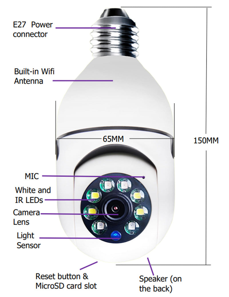 WiFi CAMERA 1080P Bulb 4X Zoom Camera E27 Home 5GWiFi Alarm Monitor - Málle