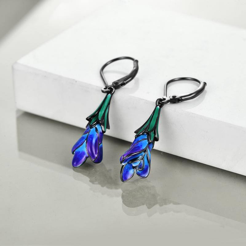 Sterling Silver Purple Tulip Flower Dangle Handmade Dangle Drop Earrings - Málle