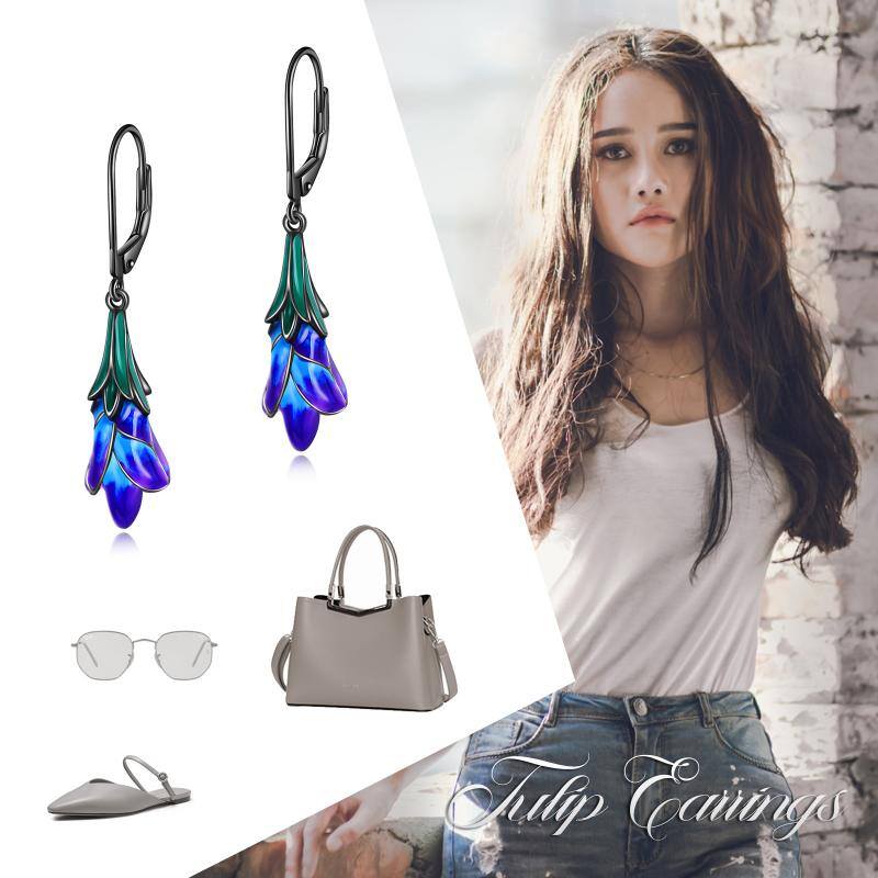 Sterling Silver Purple Tulip Flower Dangle Handmade Dangle Drop Earrings - Málle