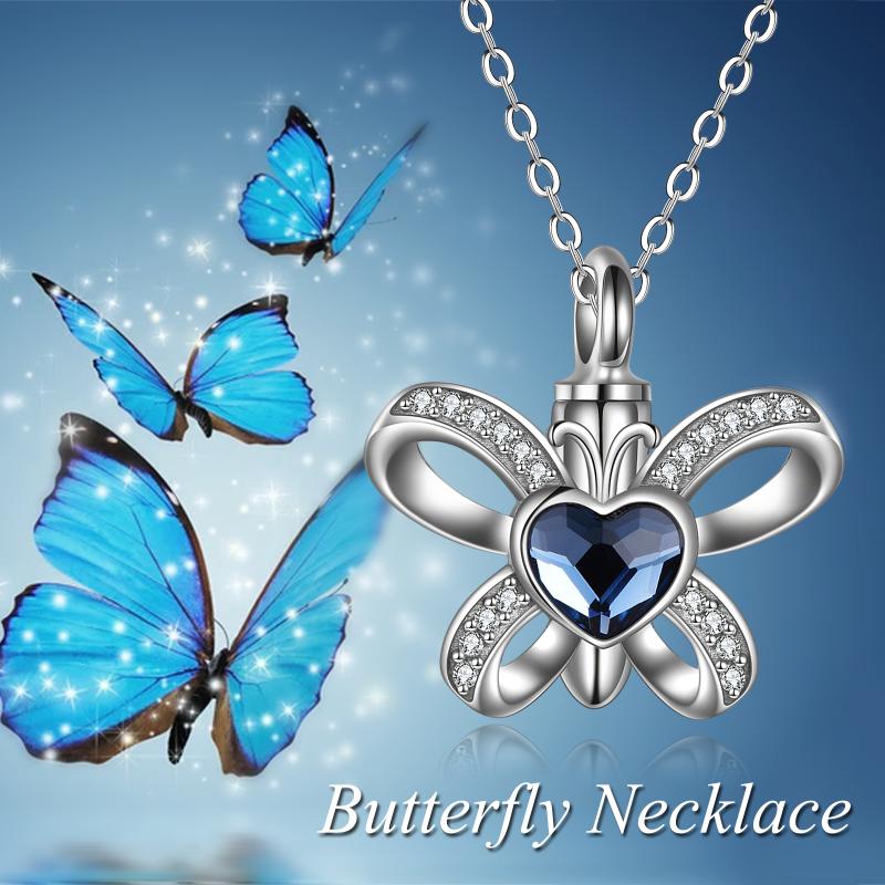 Sterling Silver Butterfly Heart Crystal Urn Necklace Cremation Memory Jewelry for Women Girls - Málle